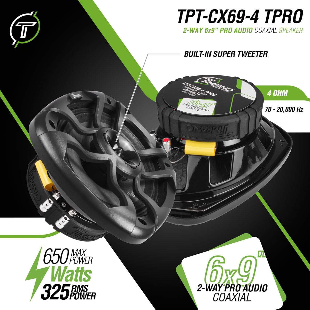 Timpano 6x9 Inch Car Coaxial Speakers 1300 Watts per Pair TPT-CX69-4 TPRO, PRO Audio 2-Way 4 Ohm Premium Speaker, Grill Included - Great for Car Stereo Sound System (Pair)