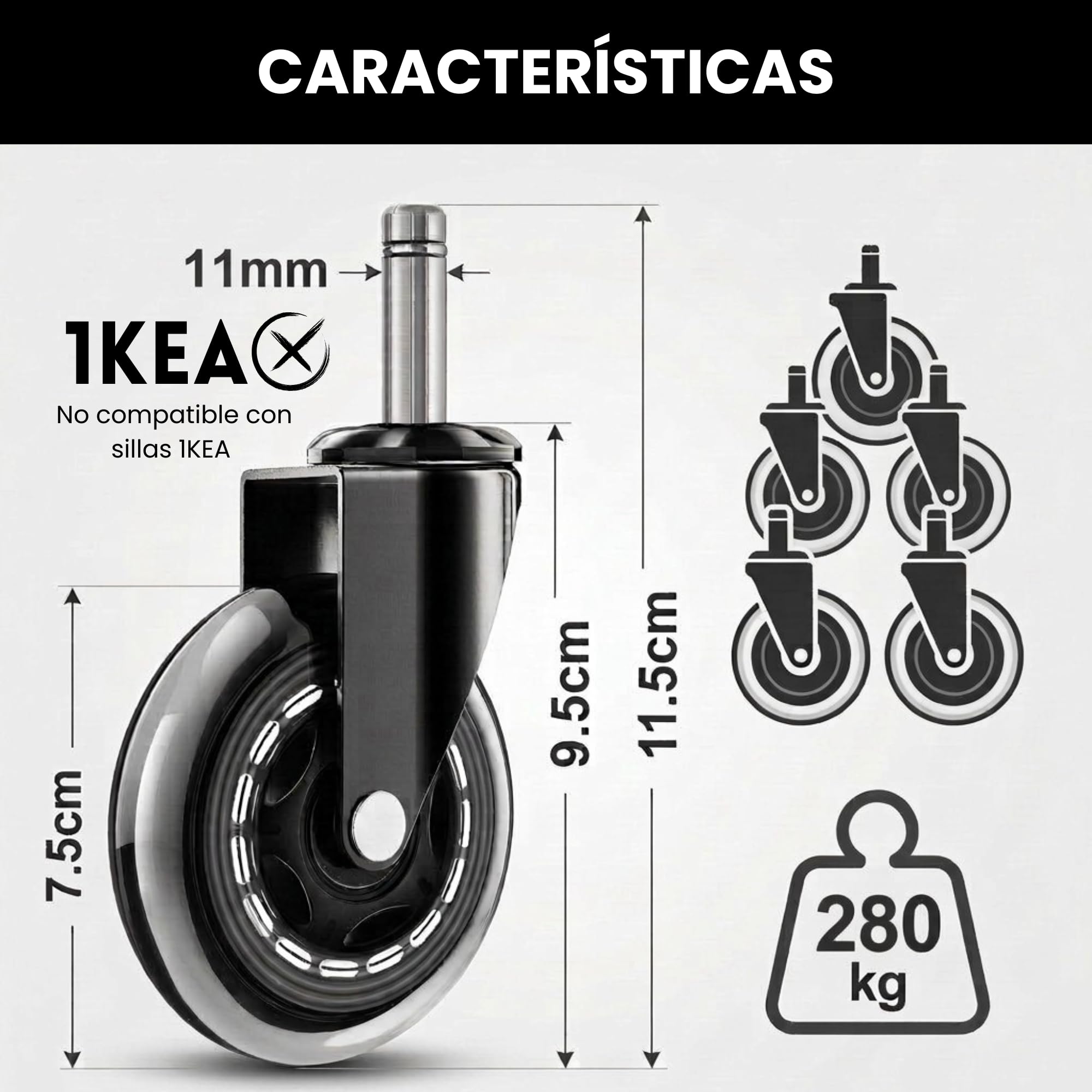 Ediesi, Ruedas Silla Oficina Silicona (Juego de 5) – Ruedas Giratorias Silenciosas y Suaves – Recambio Universal 11x22mm – No Rayan Suelo, Alta Resistencia Acero (11x22 mm) - 3