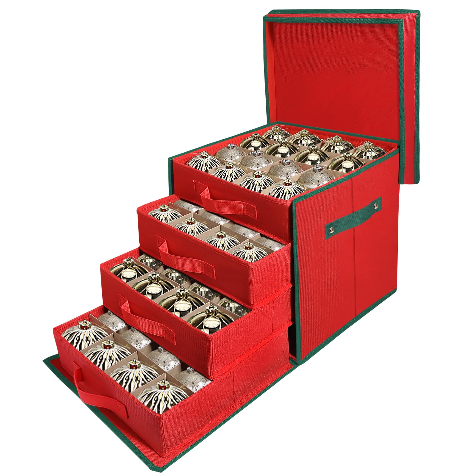 WDZREE Premium Large Christmas Ornament Storage,Box with Side Open, Drawer Style Trays - 3" Compartment, 4 Trays, Keeps 64 Holiday Ornaments -Made of Durable 600D Oxford Fabric Tear-Proof Material.