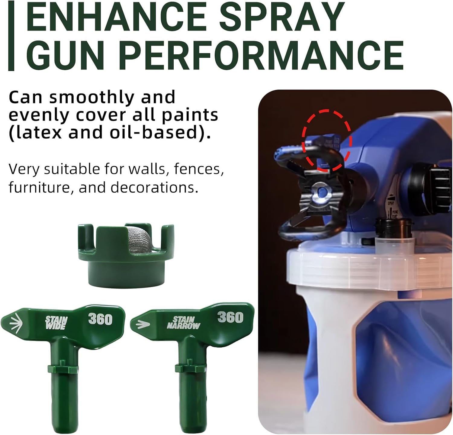 18F519 Stain Spray Tip Kit 18F519 Paint Spray Tip Kit Fits for Wide/Narrow Spray Pattern Kit andInlet Strainer Filter (Green 1PC)