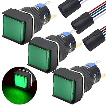 16mm Push Button Switch Square Cap 1NO 1NC SPDT ON/Off with DC 12v LED Waterproof Momentary Red Green Blue Yellow White with Socket Plug Wire 3Pack (Green)