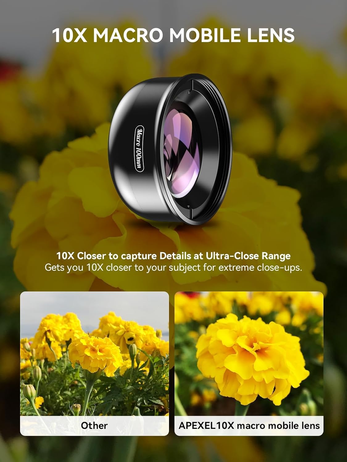 APEXEL 10X Macro Lens for iPhone and Android with Rechargeable LED Light 5-Element Glass Optics, Clip-on Design, 3 Light Colors and 5 Brightness Levels for Flowers, Food, Jewelry, Crafts and Insects