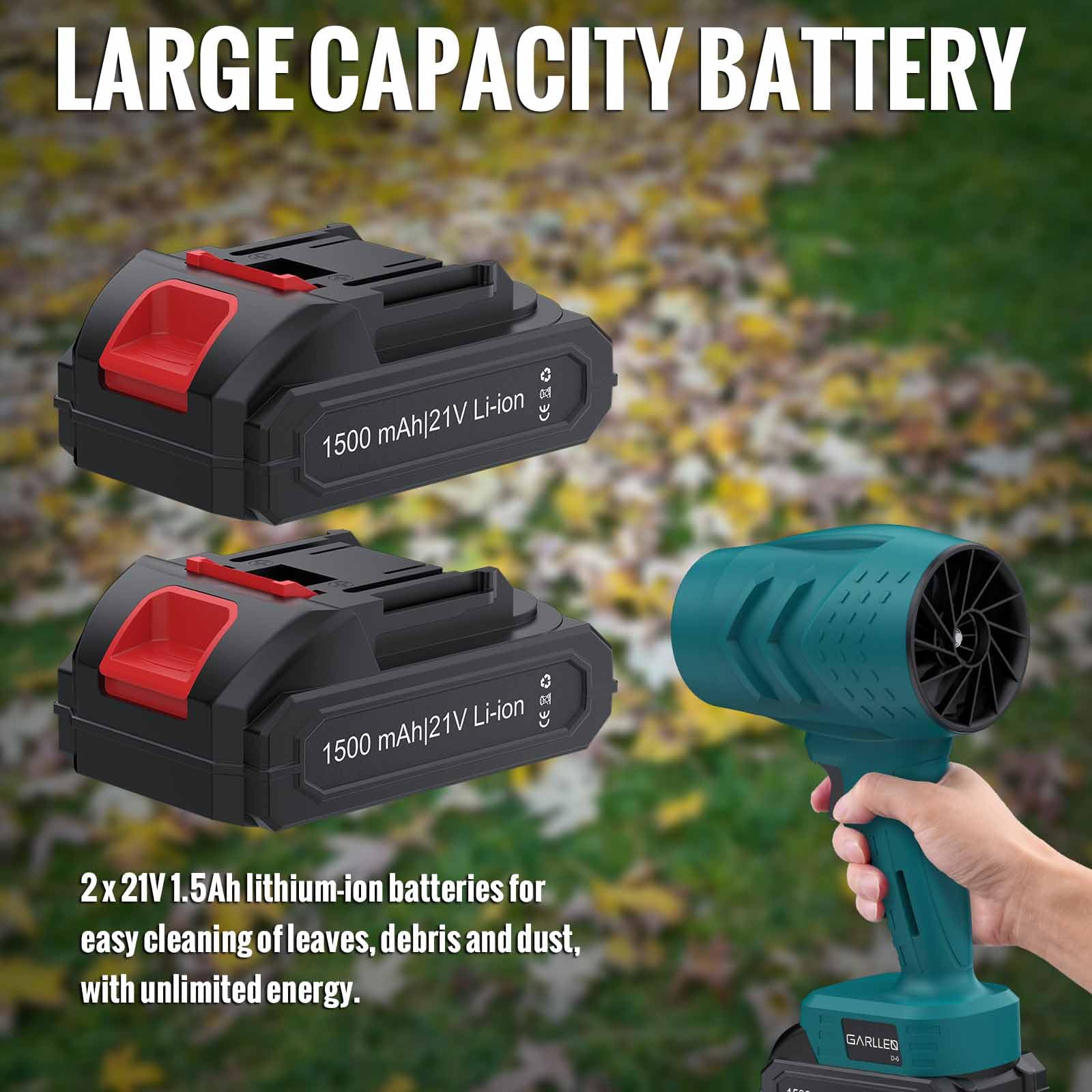 GARLLEN Soplador de Hojas Sin Cable, 21 V, Soplador de Polvo Turbo Ventilador, 35.000 RPM Turbo Ventilador con Batería y Cargador para el Cuidado del Césped, Entradas de Coches (2 Baterías)