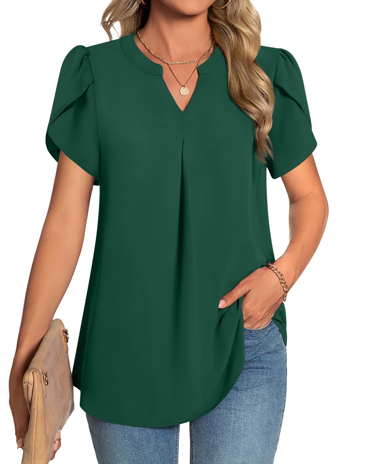 TAOHUADAO Womens Summer Dressy Chiffon Blouses Short Sleeve V Neck Tops for Leggings Casual T-Shirts