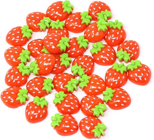 Honbay 30 piezas de mini cuentas de resina de fresa con parte trasera plana, lindos dijes de limo de frutas, cabujones de fresa de resina para