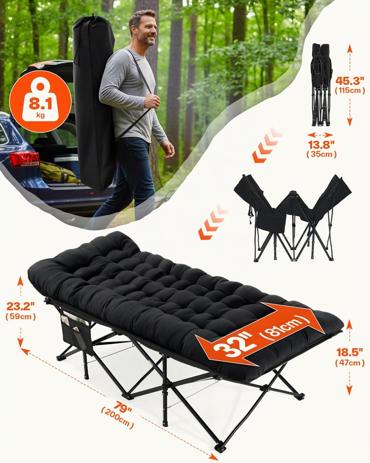 lit de Camp avec Matelas pour Adultes, 71/81cm lit de Camp Pliable 1 Personne Charge Jusqu'à 204 Kg pour Camping, Les Voyages, la Maison, Jardin