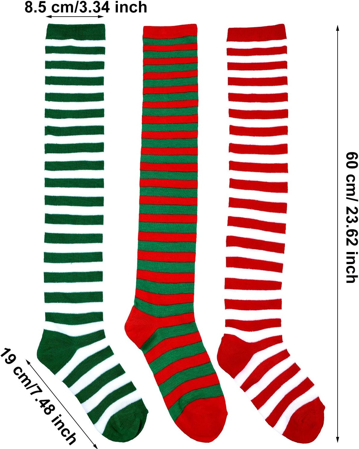 Frienda 3 Pairs Christmas Striped over Knee High Socks for Women Elf