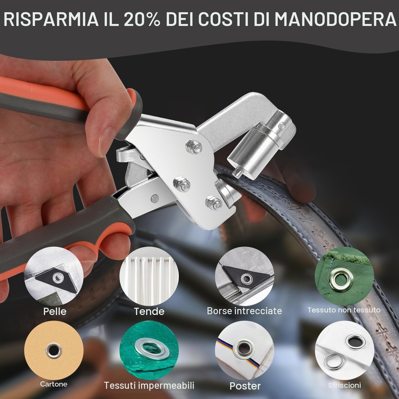 Set di Occhiellatrice, Pinza per Occhielli con 400 Occhielli, 200 × Ø6 mm e 200 × Ø10 mm, Occhiellatrice Magnetico con Testine di Perforazione Intercambiabili per Teloni, Tessuti, Pelle