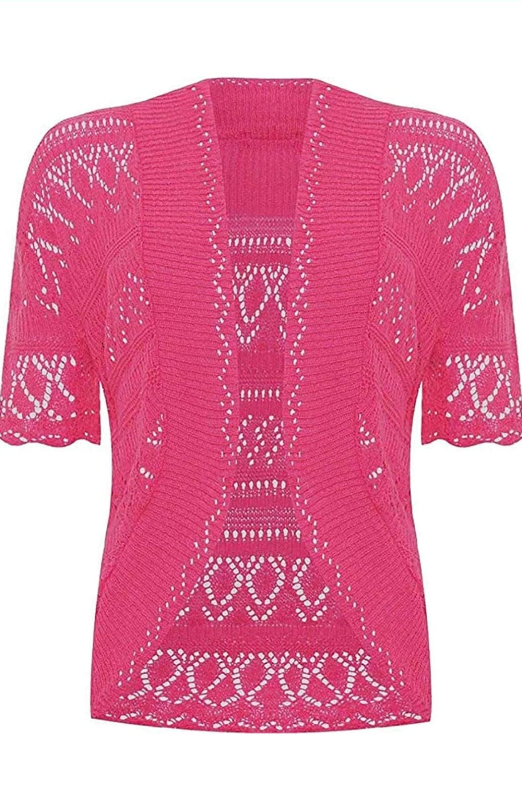 JJ CLOTHING Women's Short Sleeve Crochet Knitted Bolero Shrug Cardigan Cropped Sweater (Fuchsia, XL)