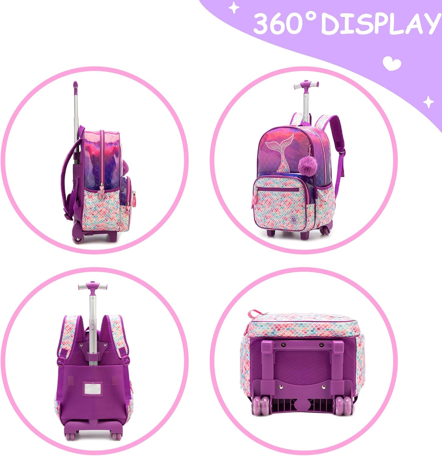 Rolling Backpack for Girls 8-12 Mermaid Kids Rolling Backpack Girls Trolley School Bag with Wheels Travel Backpacks Carry on Luggage for Kids with Lunch Box Pencil Case