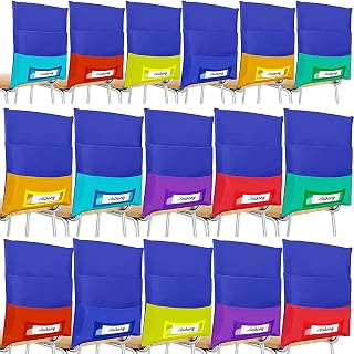 Maitys 16 Pieces Chair Pockets Classroom Student Chair Organizer 8 Colors Seat Storage with Name Tag Slot for School, Classroom, Home, Group Team Organizers for Kids, 16 x 19 Inch (Blue Background)