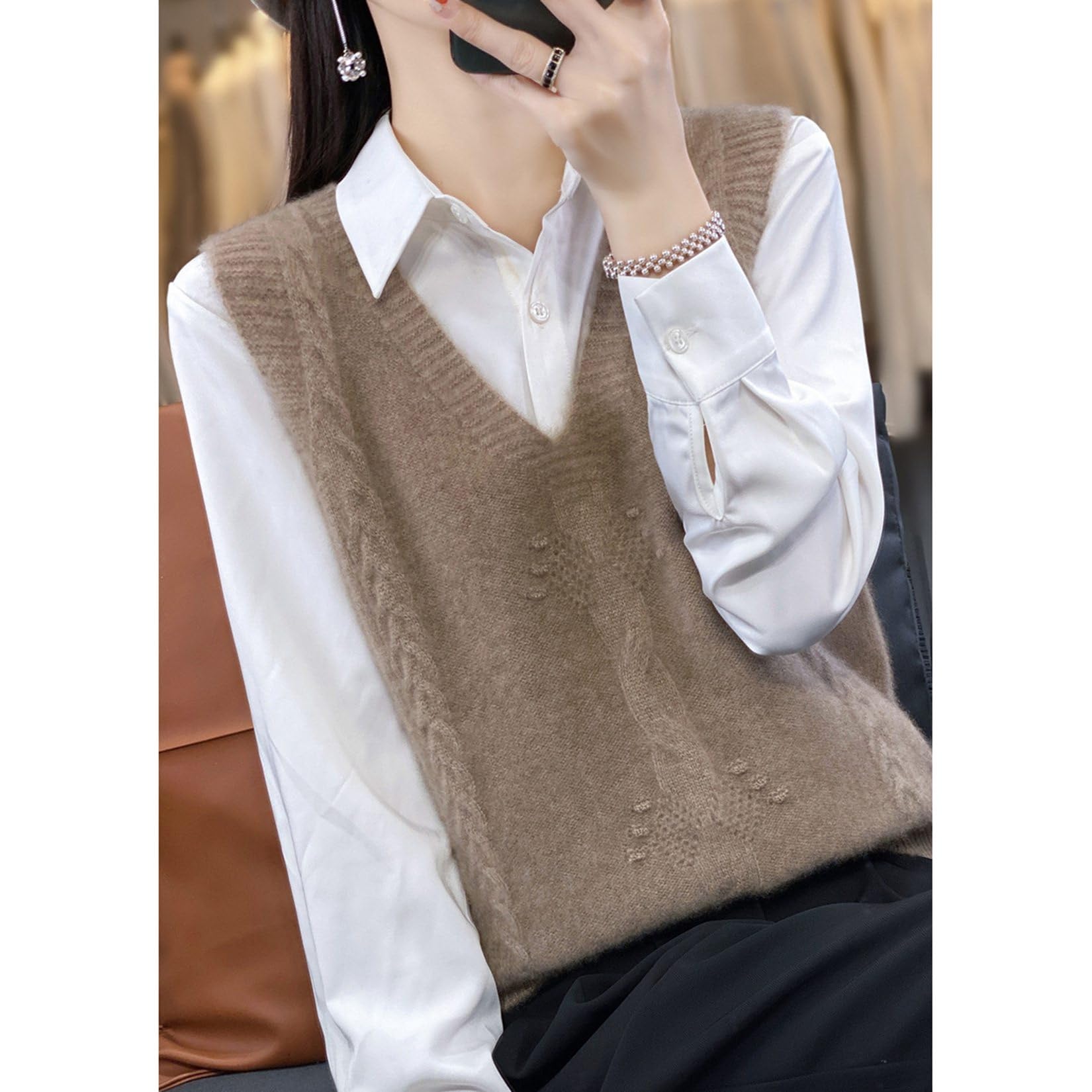 YonYeHong Verser De Pull pour Femmes V-Collier en Tricot Tricoté Jacquard Pulloir Pull sans Manches Lâches