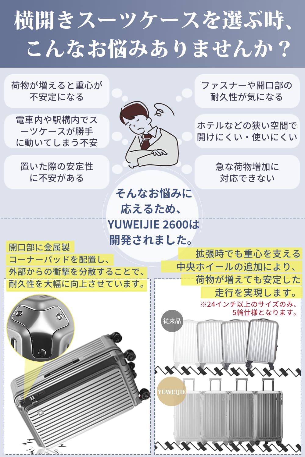 [Yuweijie] [2026 スーツケース キャリーケース 片開き 拡張機能付き ストッパー付き キャリーバッグ 多機能 携帯スタンド カップホルダー付き 隠しフック機能 超軽量 静音 360度回転 旅行 ビジネス 出張 Mサイズ/（5～8泊/90Ｌ） - 2