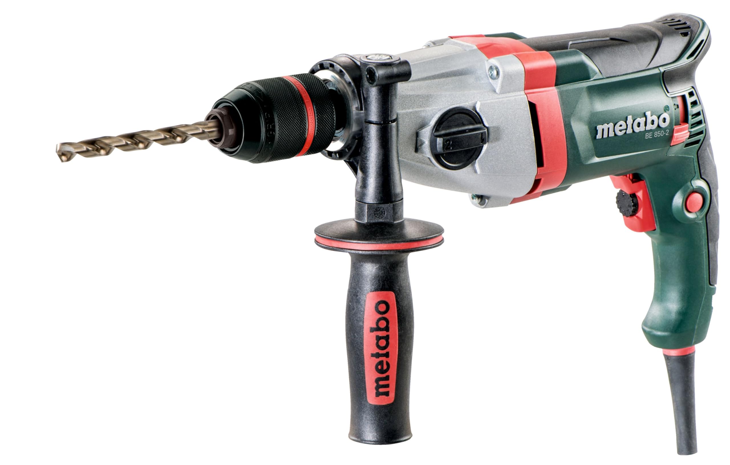 metabo Bohrmaschine BE 850-2, 850 W Elektrobohrer mit 2-Gang Getriebe | Inkl. Futuro Plus Schnellspannbohrfutter, Zusatzhandgriff, Vario-Elektronik, 13 mm Stahl & 40 mm Holz Bohr-Ø, 2.6 kg