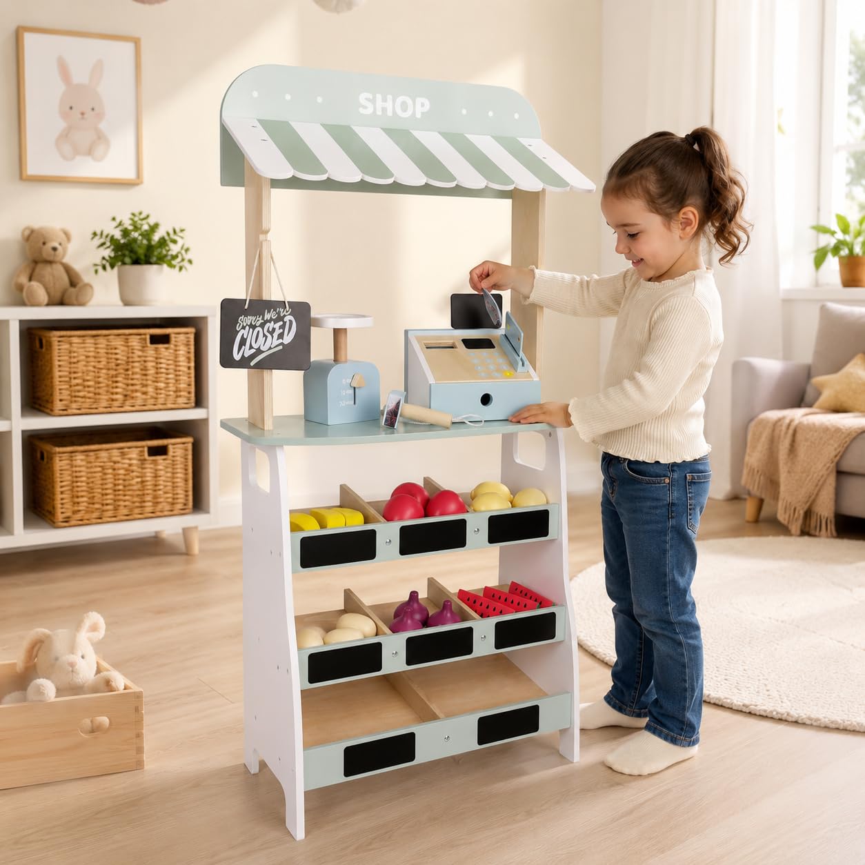 Bayer Chic 2000 Kaufladen | Verkaufsstand mit Zubehör | Marktstand | Klassischer Kaufladen für kleine Verkäufer. Inklusive Zubehör. Fördert Rollenspiele & soziale Kompetenz. Ab 3 Jahren.