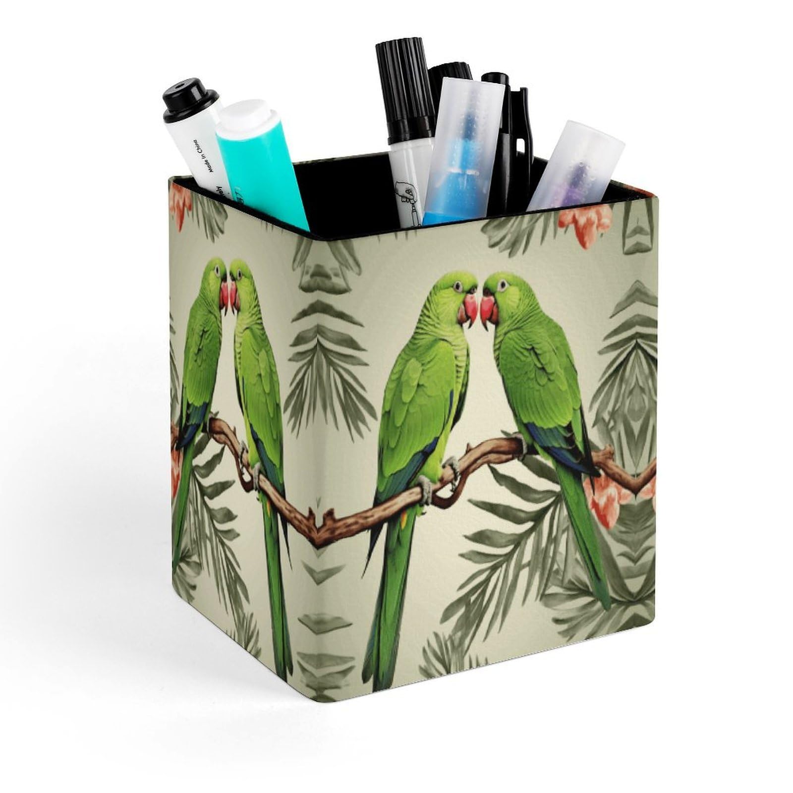FekiLoot Couple Parrots Olive Pencil Holder for Desk Square Leather Pen Holder Cup Desktop Organizer Multi-Functional Pencil Cup Holders Modern Decorative Desk Organizer Caddy Makeup Brush Holders