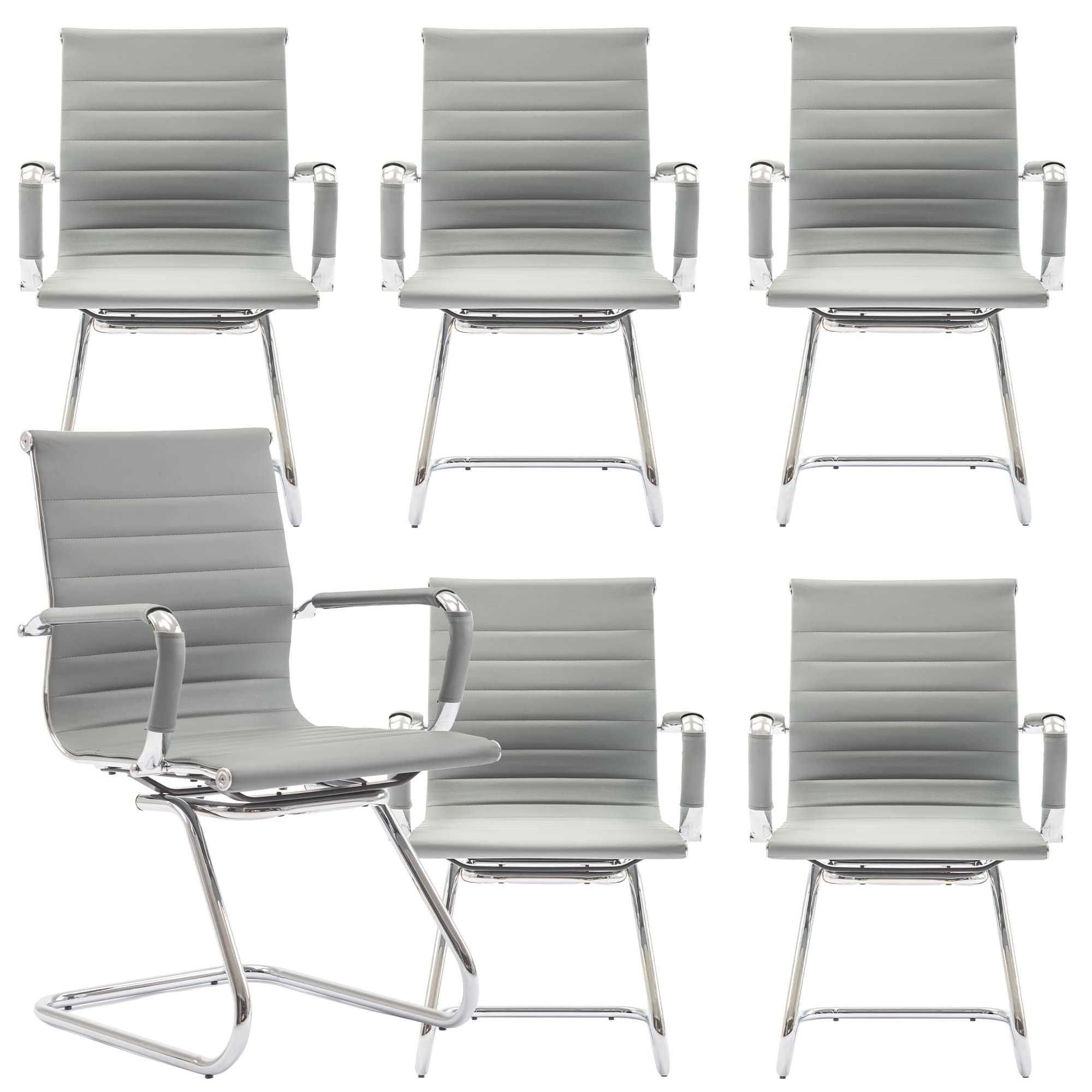 Conference Room Chairs Set of 6, Waiting Room Chairs with Arms, Faux Leather Reception Chairs No Wheels, Office Guest Chairs with Mid Back Support and Chrome Sled Base, Grey