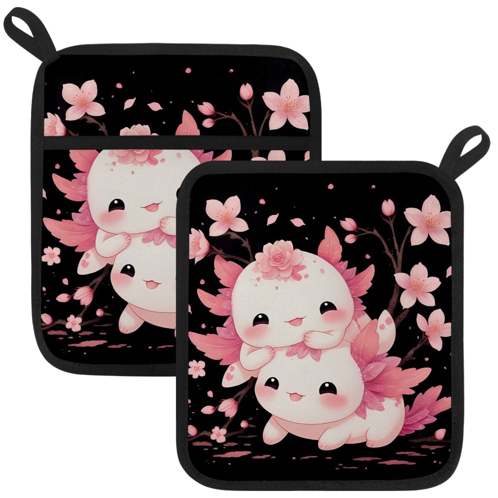 VAPOKF Pink Axolotls Pot Holders with Pocket for Kitchen Heat Resistant Potholders Large Polyester-Cotton Square Oven Mitts Set