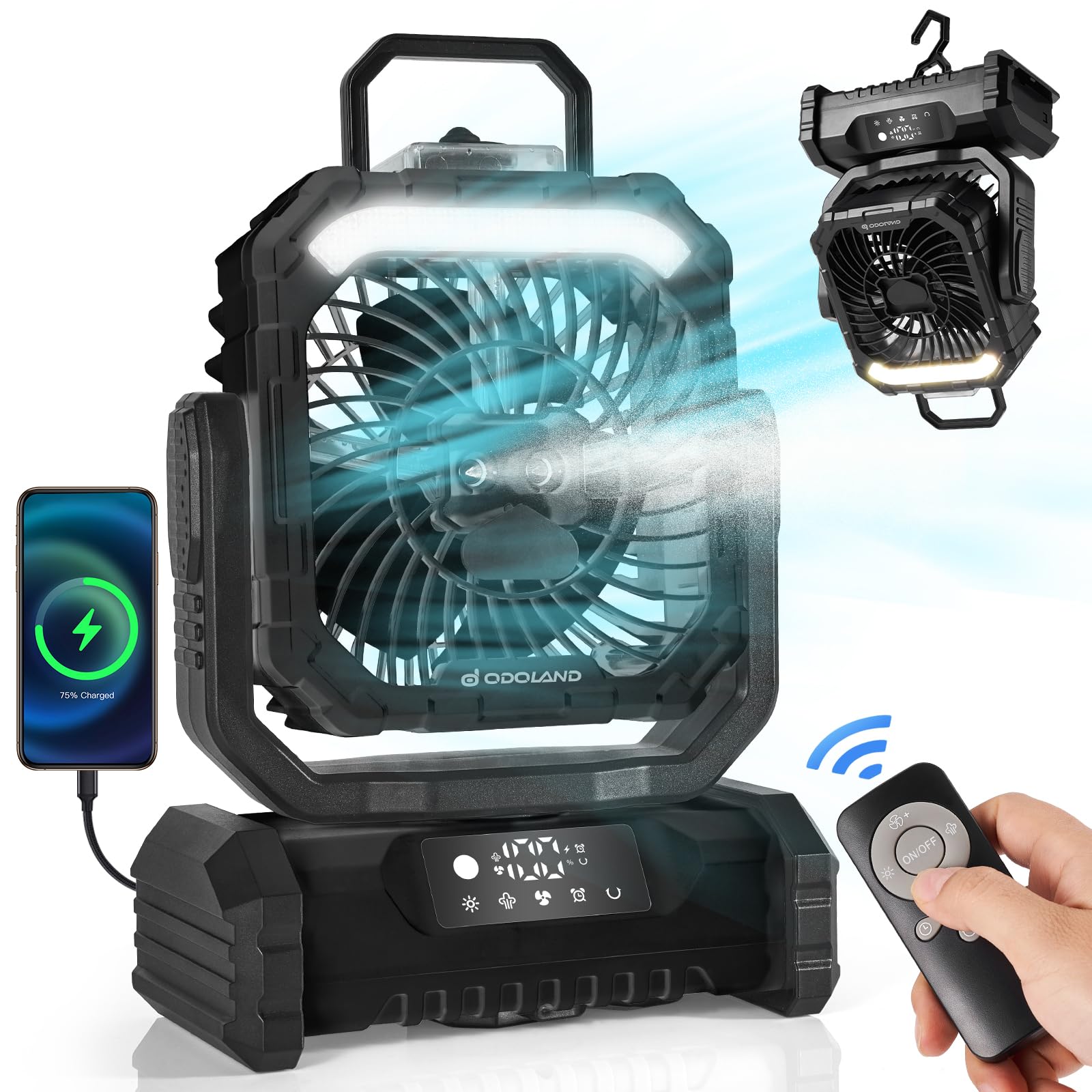 Odoland Portable Misting Fan with LED Light,30000mAh Rechargeable Battery Operated Oscillating Camping Fan with Remote & Hook, Misting Fan with Display, 5 Speeds for Power Outage Travel Jobsite, Black