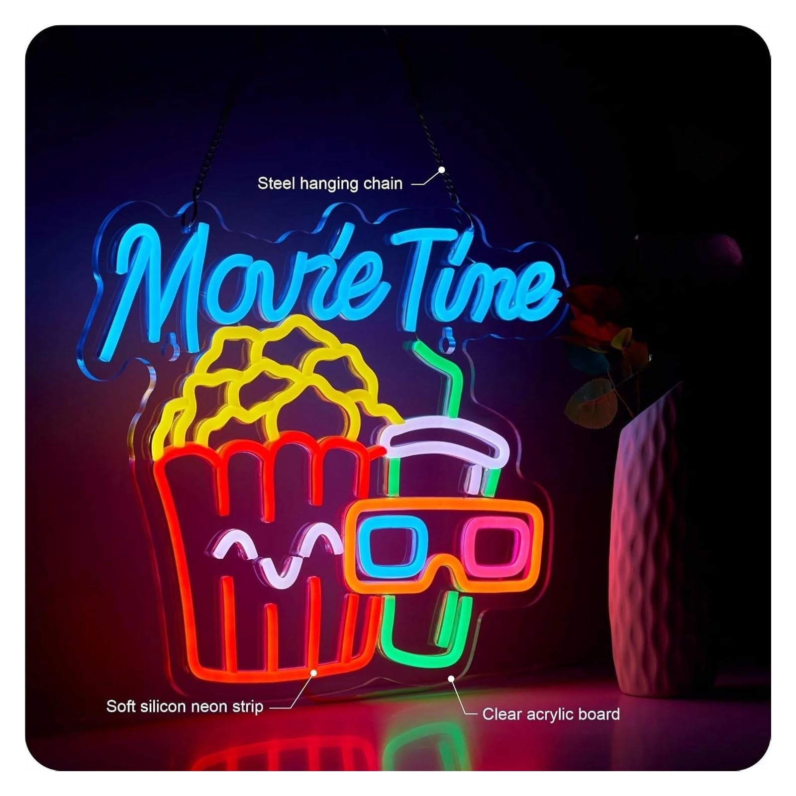 Luz de Diseño de Digital Movie Time Letrero De Neón Cine De Palomitas De Maíz Brillo De Luz LED Ajustable Para Decoración De Pared Para Cine Sala De Cine Fiesta 41.91cm×32cm