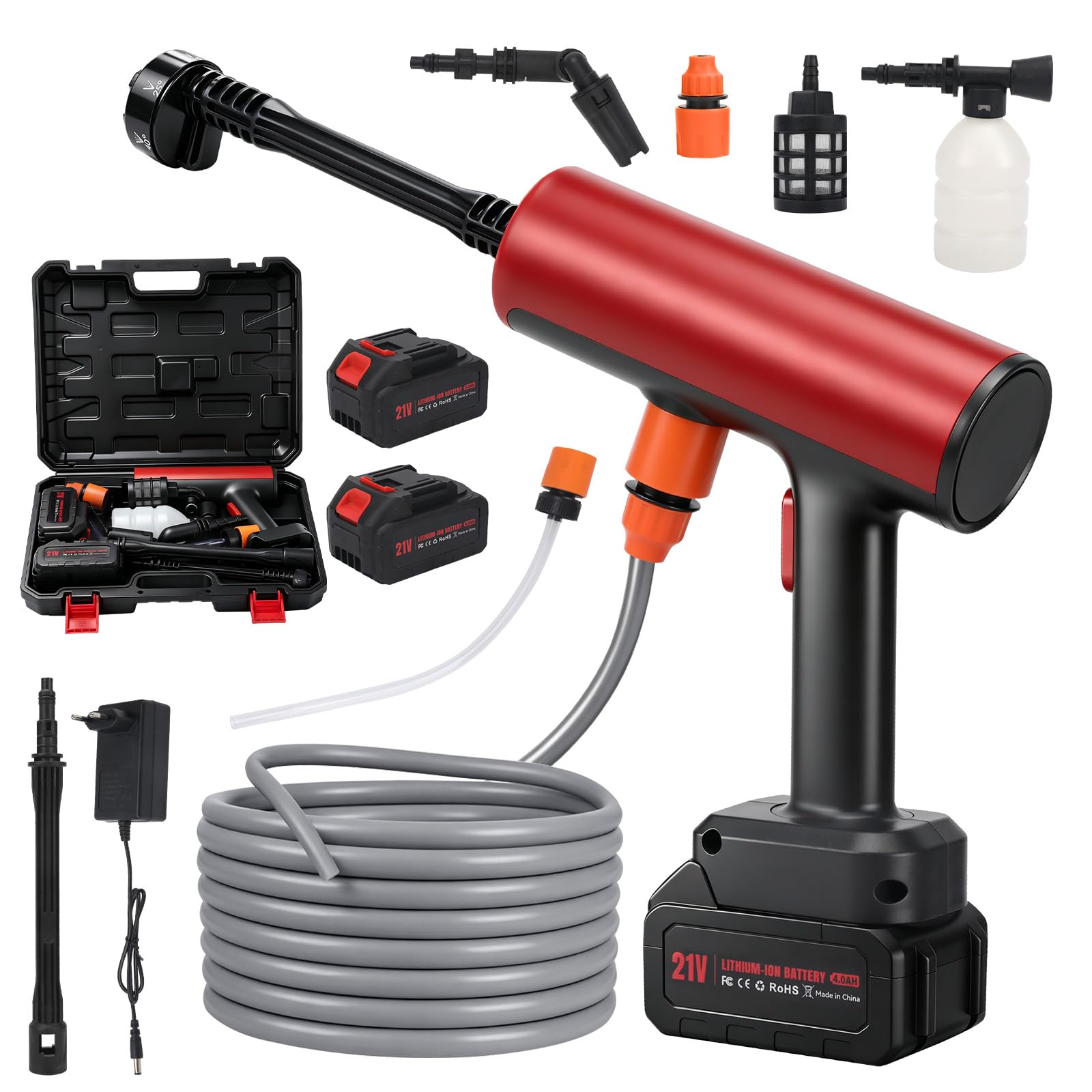 Limpiador a Presión con 2 Baterías 2600 mAh, 30 Bar, 150W | Pistola de Limpieza Portátil, Manguera 5 m, Boquilla 6 en 1 y 180°, Jarra de Espuma, Filtro, Maletín, UE