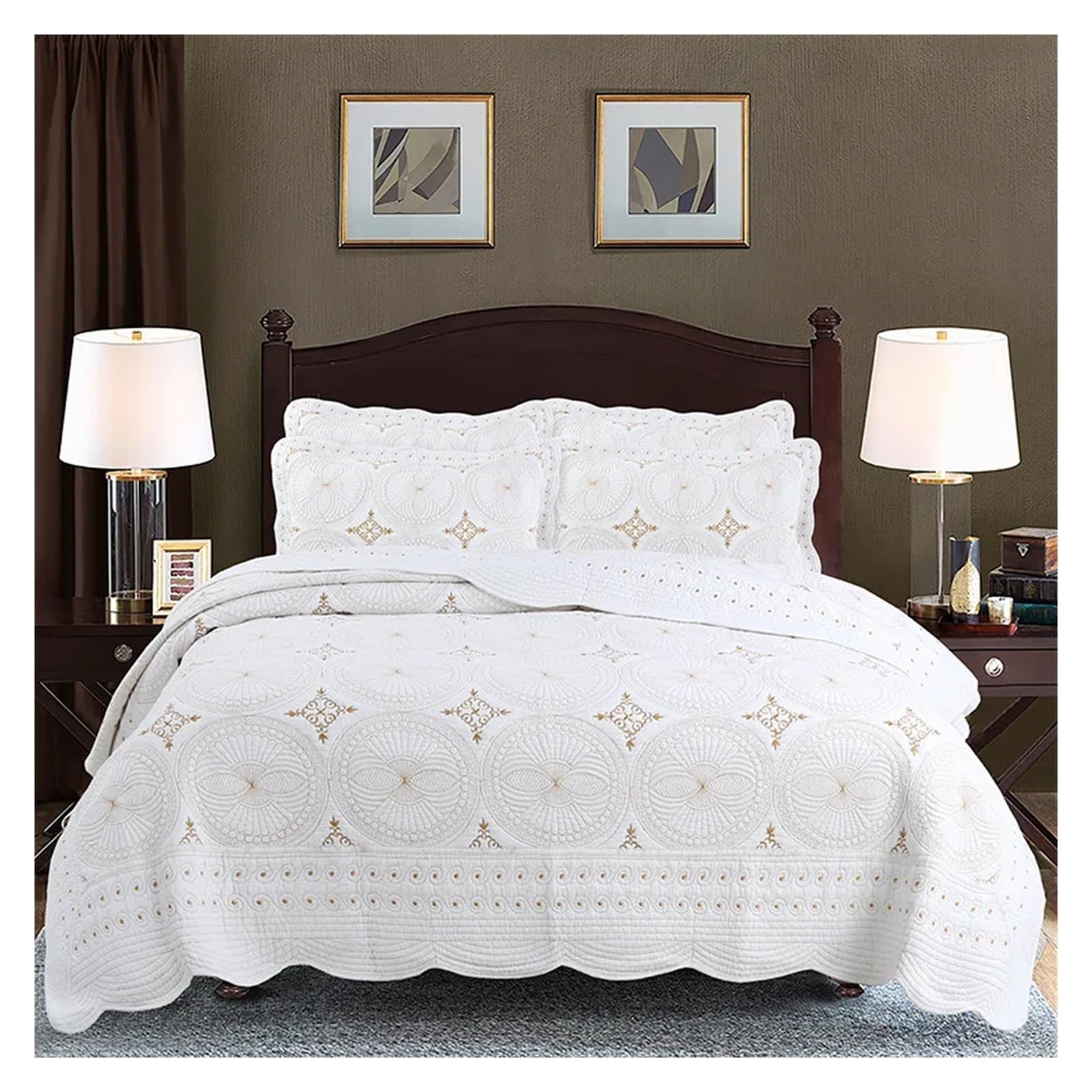 Temkin White/Gold Yellowcotton Quilted Bedspread Luxury Embroidery Quilt Set King Queen Size 3Pcs Bohemian Coverlet Pillowcases, Luxury Bed In A Bag (A 250X270cm3pcs Set)