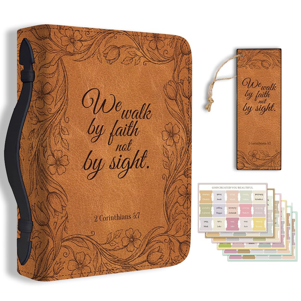 Hobbspring Flowers Bible Cover Case for Men Women Sketch Plant Bible Cover with Bookmark Vintage Carrying Book Cases with Handle and Zipper PU Leather Bag for Adults Students(Brown) — image 1