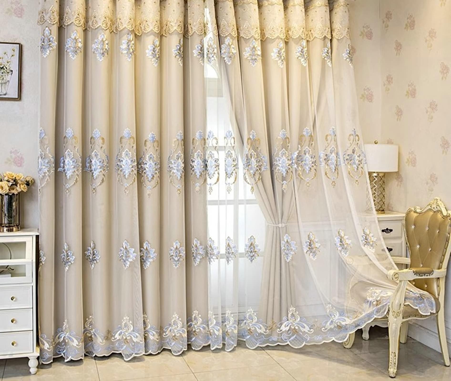 Rideaux occultants Beydodo avec broderie de luxe beige pour salon 2 pièces