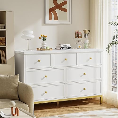 Pamapic Modern 7-Drawer White Dresser,47" White Wooden Dresser for Bedroom, Storage Organizer with Deep Drawers & Metal Handles for Bedroom, Entryway, Hallway