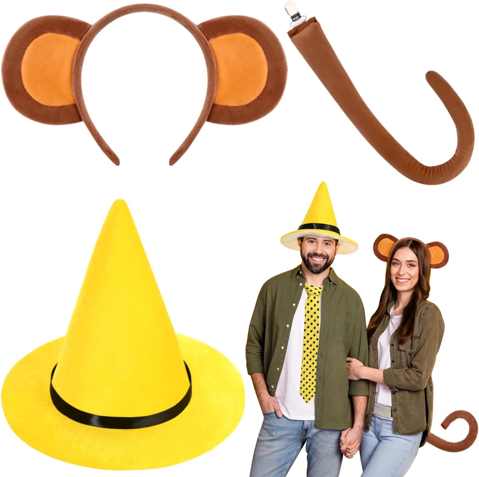 3 Pcs Halloween Monkey Costume Include Yellow Felt Hat,Monkey Headband and Tail for Men Women Cartoon Character Dress Up
