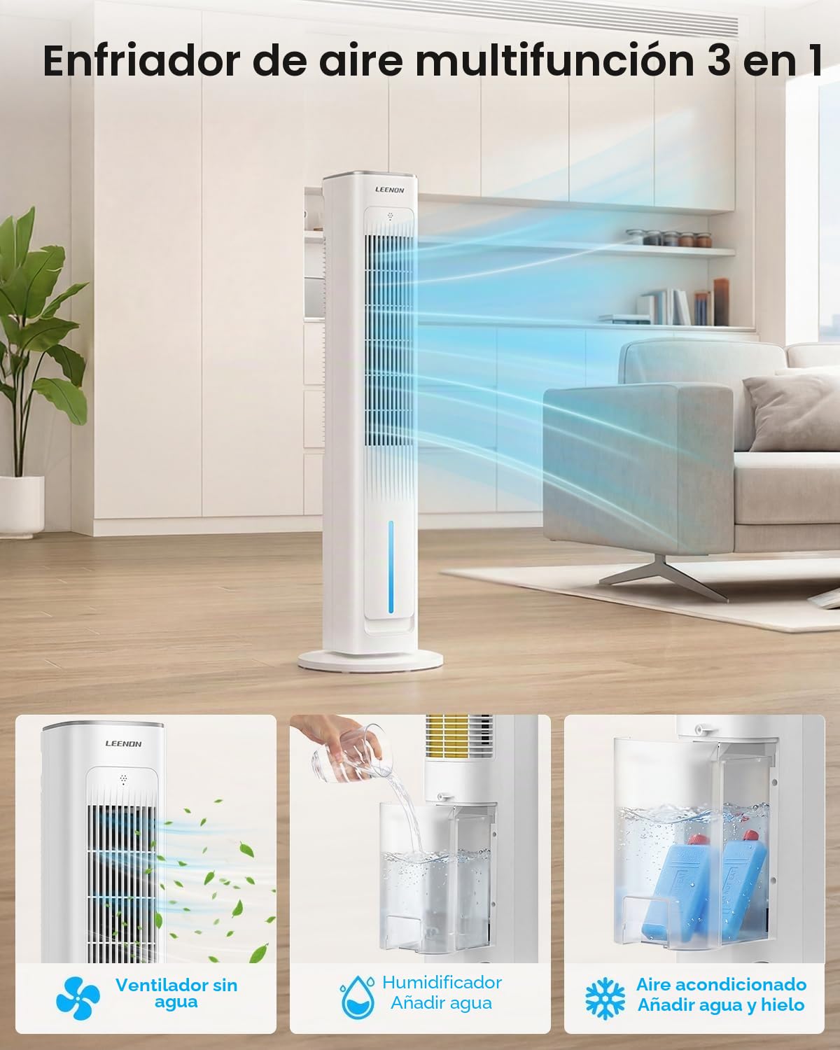 LEENON 3-en-1 Climatizador Evaporativo, Ventilador Torre 38" con Mando, 3L, Silencioso, 3 Vel/Modos, Temporizador 12H, Oscilación Automática, Enfriador de Aire Portátil para Casa y Oficina
