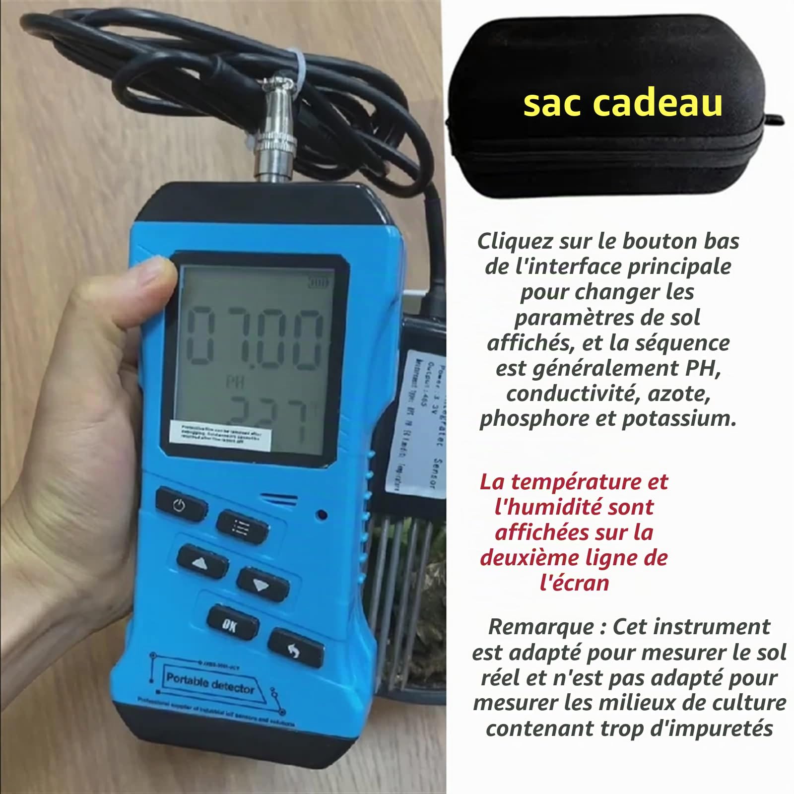 Analyse de sol Testeur rapide de sol 7 en 1, testeur d'azote, de phosphore, de Potassium NPK, pH, humidité, conductivité des nutriments, compteur EC Comprendre avec précision la fertilité des sols