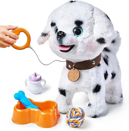 OR OR TU Perro de juguete que camina y ladra con correa de control remoto, juguetes interactivos electrónicos de peluche para niños, agita la cola,