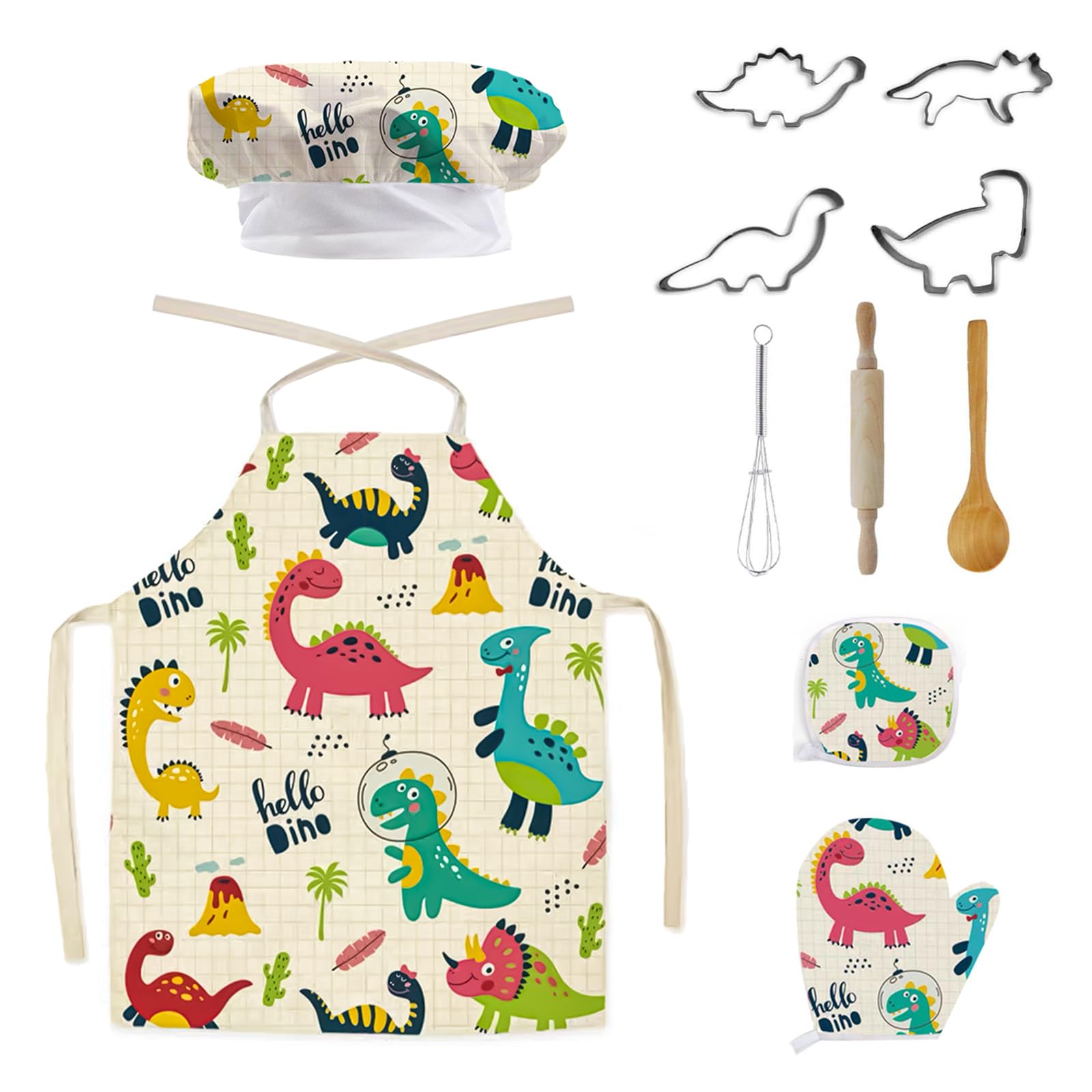 Wisebom Juego de Cocina para Niños Disfraces de Chef, 11Pcs Utensilios Cocina Dinosaurio Delantal Gorro de Cocinero Guantes Rodillo, Juguetes de Cocina para Niños Niñas (Blanco)