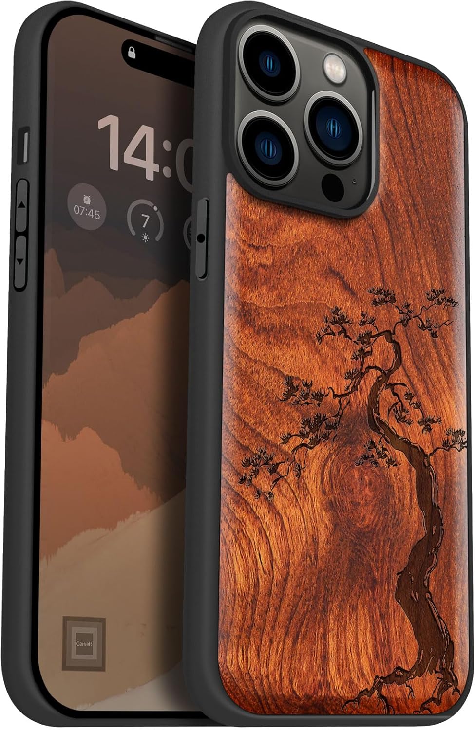 Carveit Magnetic Wood Case for iPhone 14 Pro Max [Natural Wood & Black Soft TPU] Unique & Classy Wooden Shockproof Protective Cover Compatible with magsafe (Majestic Pine Tree -Rosy)