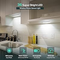 Vista 2 de Alivation 36 luces LED para armario con sensor de movimiento, funciona con pilas, iluminación debajo del gabinete, luz con sensor de movimiento