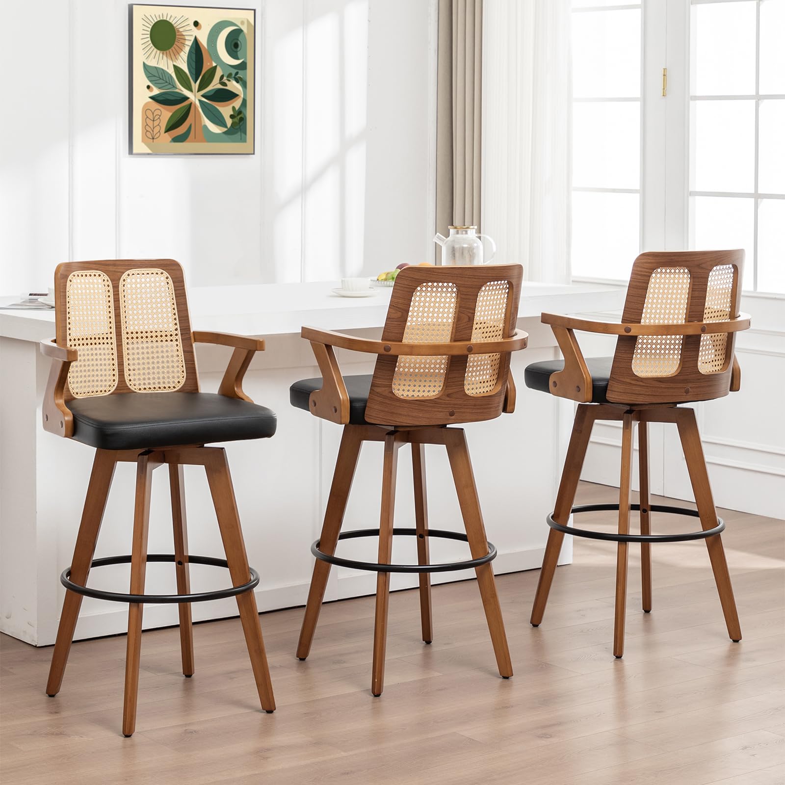Counter Height Bar Stools Set of 3 - 26 inch Kitchen Island Stools with Rattan Back, Curved Arms, Walnut Craftsmanship,Faux Leather, Swivel CounterStools for Kitchen/Island (27" Seat Height, Black)