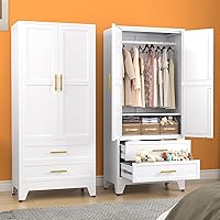 erosoei 71" Metal Armoire Wardrobe Closet with Adjustable Shelves, Hanging Rod & Drawers - White Steel Storage Cabinet