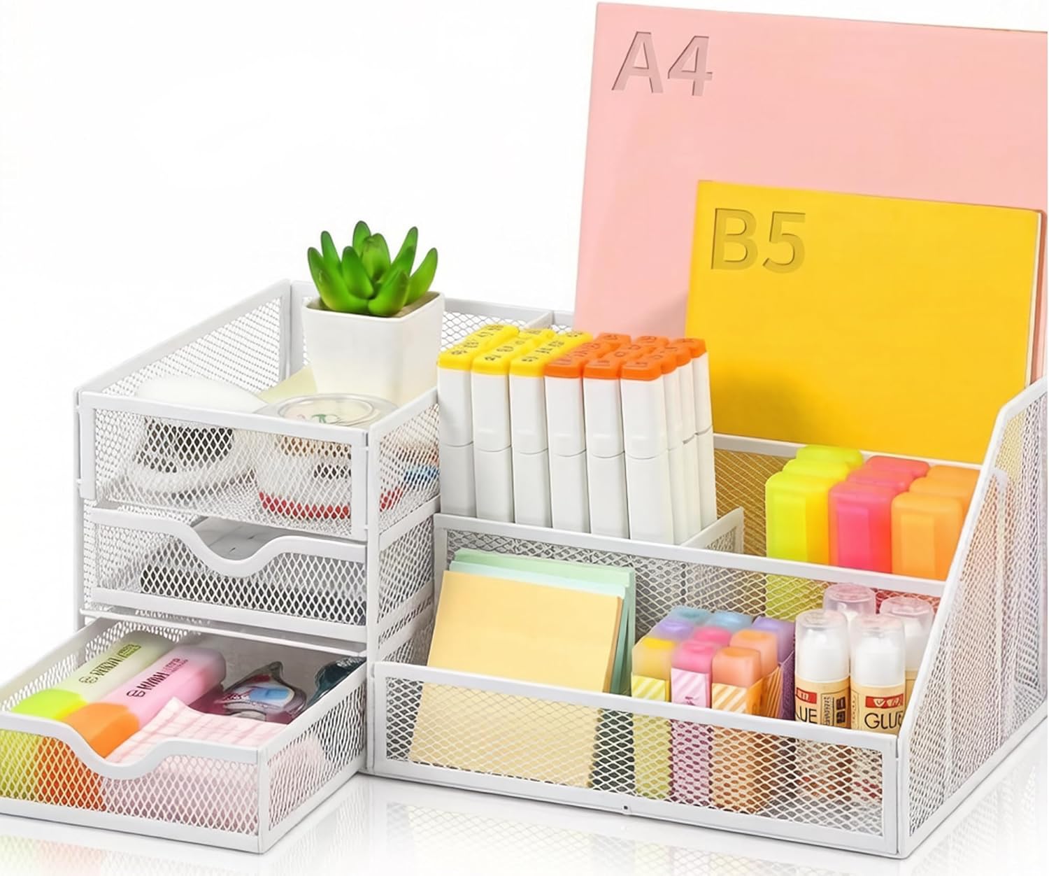 Lavatino Mesh Desk Organizer with 6 Compartments & 2 Drawers, Larger Multi-functional Desktop and Workspace Accessories Organizer for Office, Classroom, Dorm Supplies (Pink)
