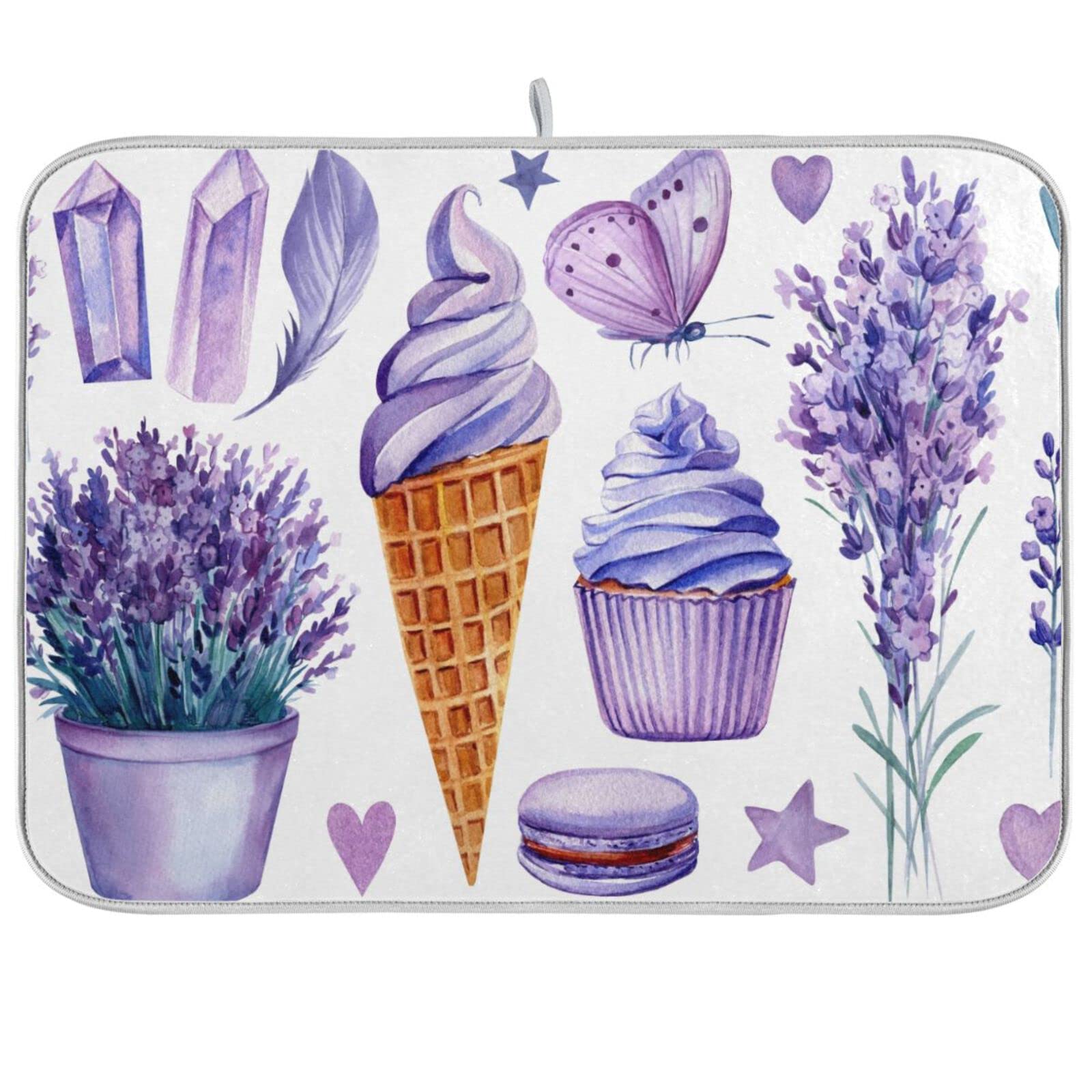 Polyester Dish Drying Mat Absorbent Drying Mat for Kitchen Counter 16 x 18 inch Purple Lavender Bouquet Dish Dry Mat Pad with Hanging Loop