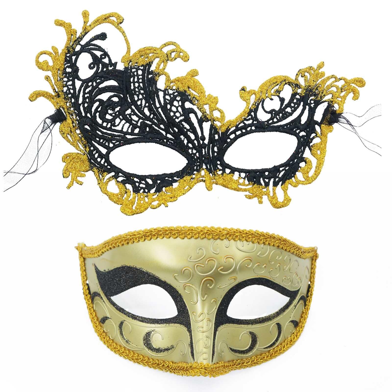 SHIFANQI 2Pcs Masquerade Mask for Men Women, Vintage Venetian Mask for Ball Party, Mardi Gras, Halloween Fancy Dress Party, Eye Lace Mask Costume, Gold