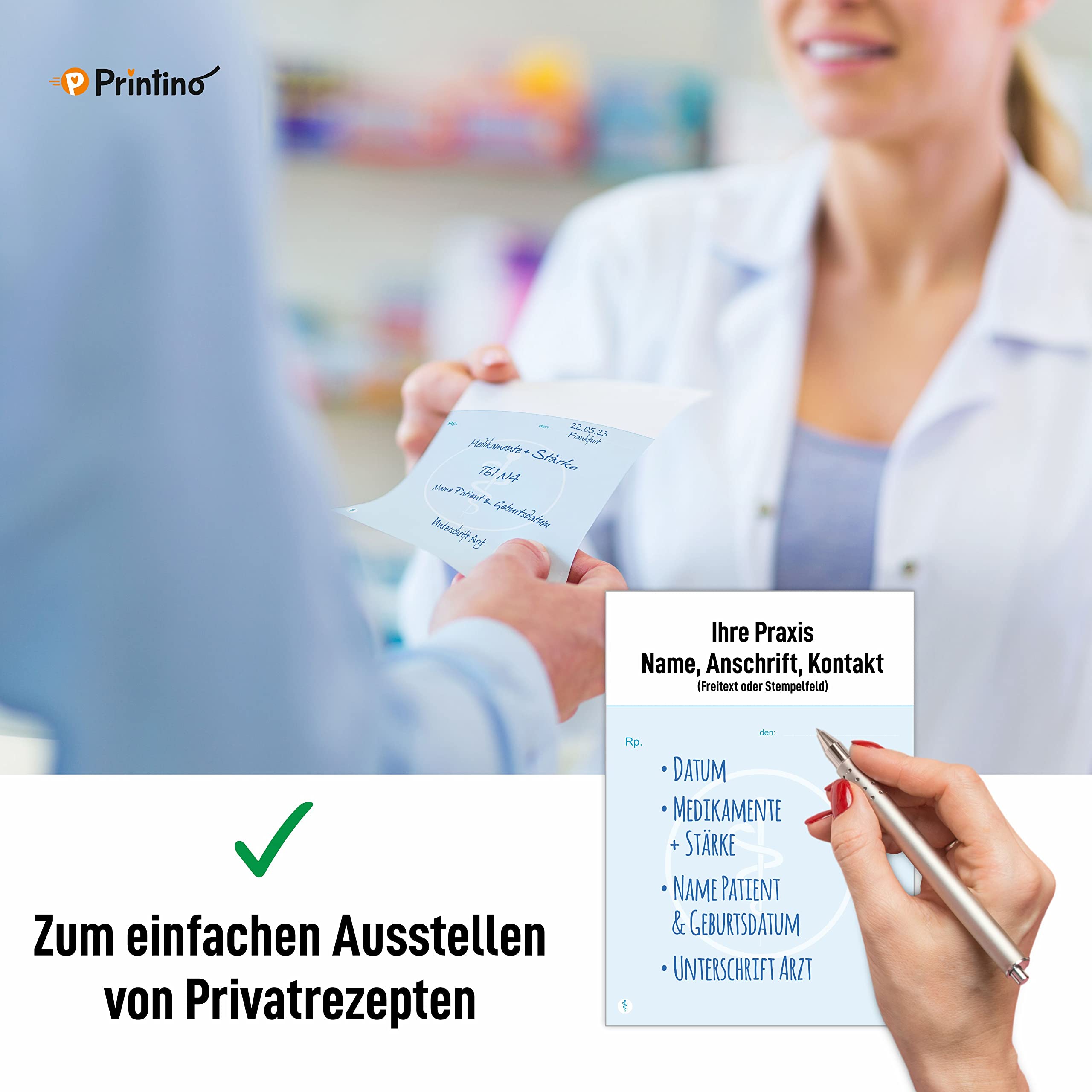 Bloc de recetas de médico – Recetas privadas para médicos en bloque de recetas privadas – 2 blocs de 100 hojas cada uno con impresión en blanco en azul DIN A6 con receta privada como