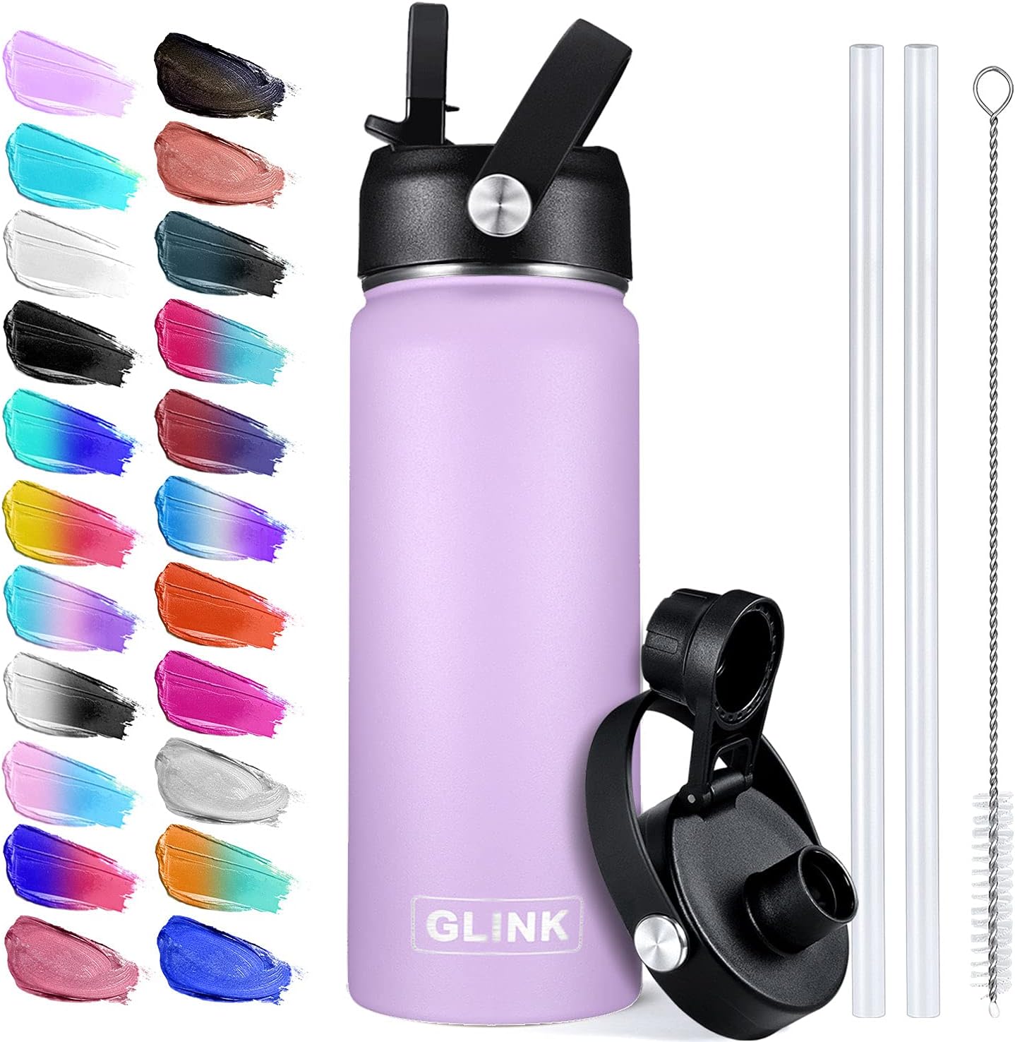 Glink Stainless Steel Water Bottle with Straw, 12-64 oz Wide Mouth Double Wall Vacuum Insulated Water Bottle Leakproof, Straw Lid and Spout Lid with New Rotating Rubber Handle : Home & Kitchen