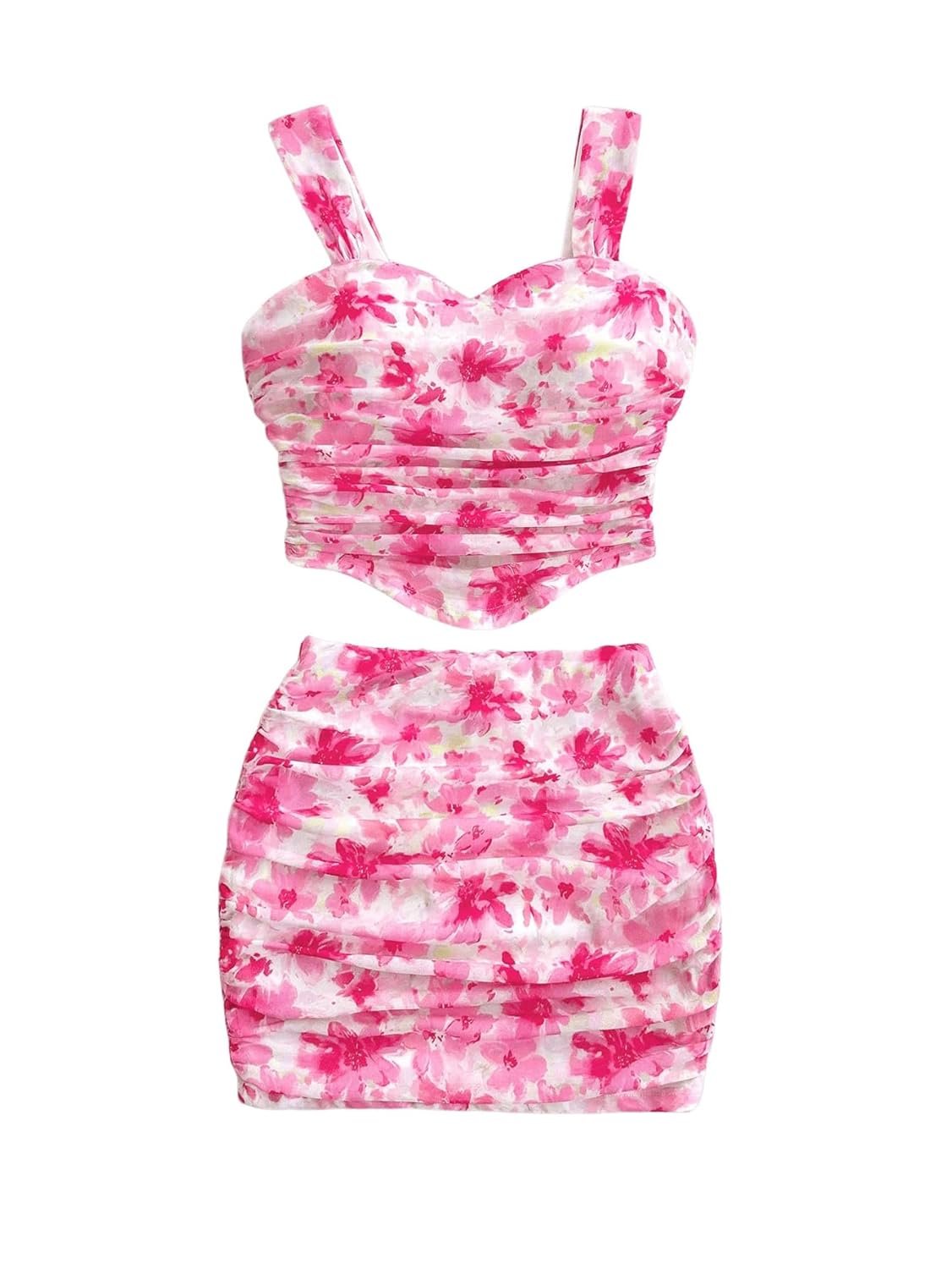 Verdusa Womens 2 Piece Outfits Floral Print Ruched Crop Tank Top and Bodycon Skirt Set