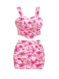 Verdusa Womens 2 Piece Outfits Floral Print Ruched Crop Tank Top and Bodycon Skirt Set