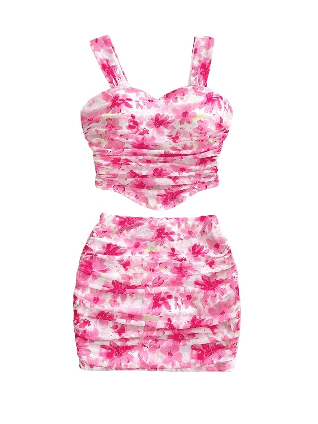 Verdusa Womens 2 Piece Outfits Floral Print Ruched Crop Tank Top and Bodycon Skirt Set