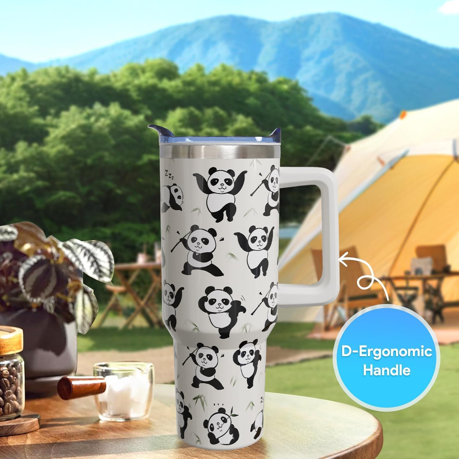 40 oz Panda Cup Tumbler with Handle Lid and Straw, Panda Gifts for Women, Cute Tumblers for Women - Image 3