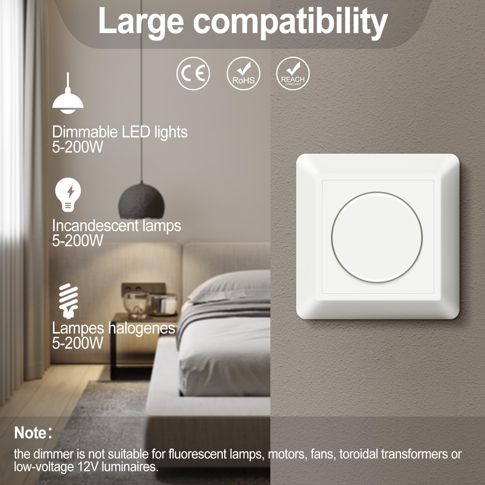 Dimmer LED 220V-240V, interruptor para bombillas LED regulables 5W-200W, protección segura, sin ruido, crema
