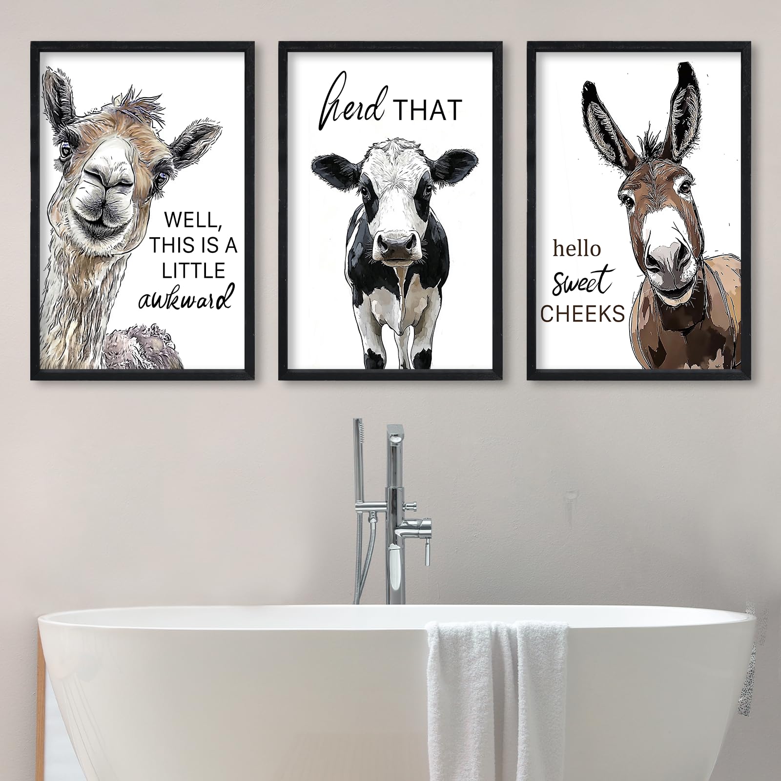 RLWangChao Llama Cow Donkey Bathroom Prints Set of 3 Wall Art Decor 24x16 Inch Funny Bathroom Sign Rustic Wood Frame Laundry Room Modren Washroom Toilet Animal Painting Wall Hanging (Black)