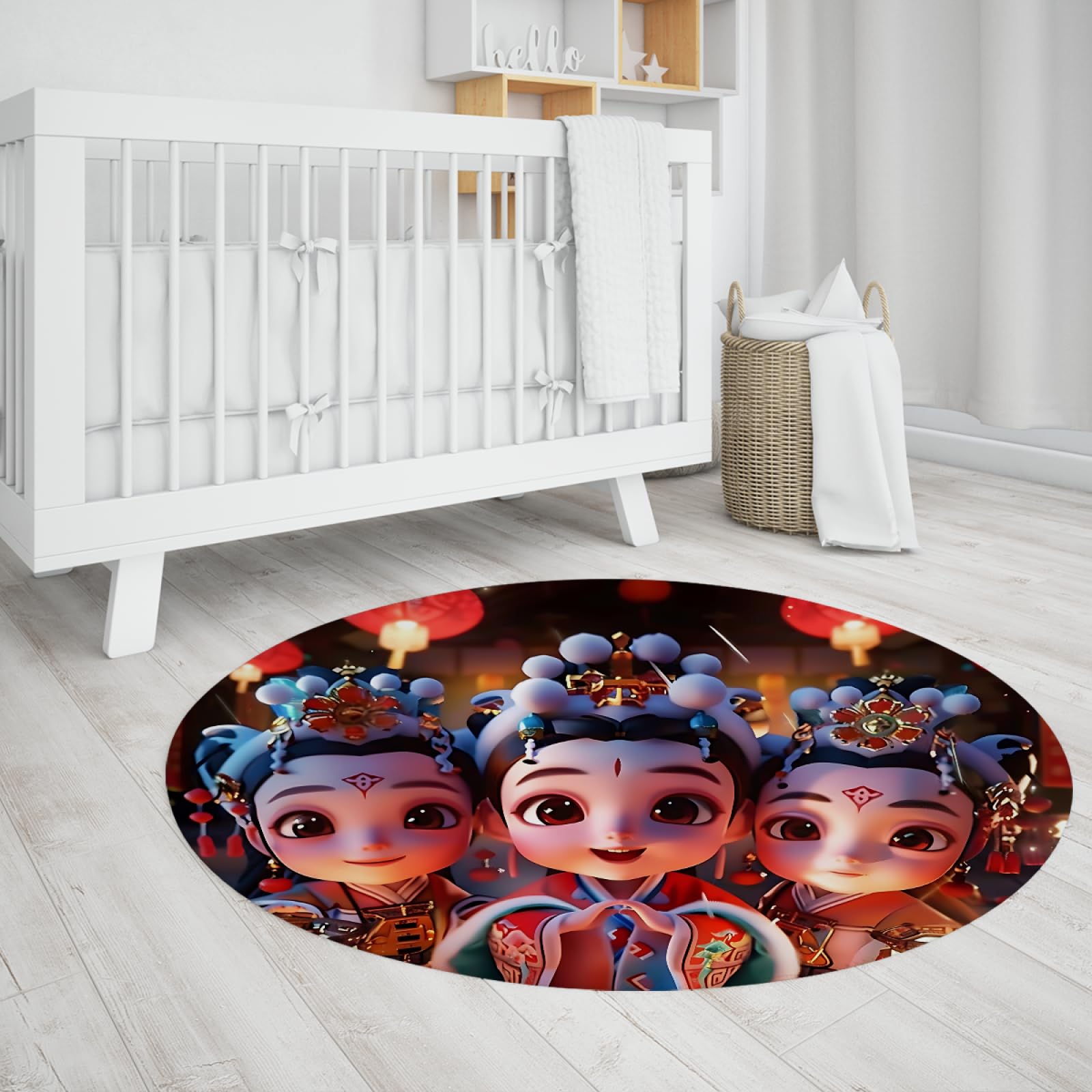 Tapis rond style chinois pour salon et chambre d'enfant motif festival coloré